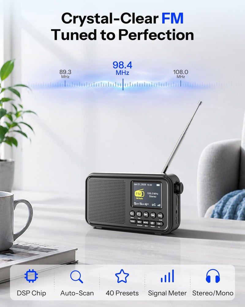 Portable FM Radio with Bluetooth, NOAA Weather Radio, 3000mAh Rechargeable | Auto Scan 40 FM Presets, 8W Speaker, 6 EQ Modes, Dual Alarms, Sleep Timer, 2.4" Color Display, Emergeny Radio SOS Black