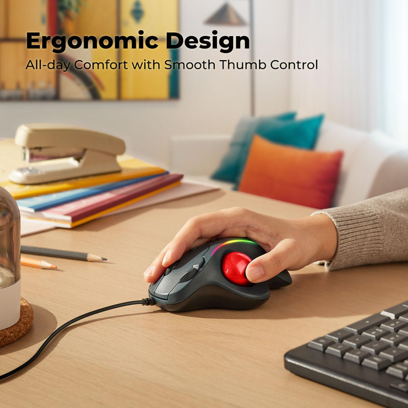 Trackball Mouse Wired, Ergonomic Comfort Design Reduces Muscle Strain, USB Plug&Play, Easy Thumb Control, Precision Tracking with 5 Adjustable DPI, RGB Rollerball Mouse Compatible for PC, Mac, Windows C-Red