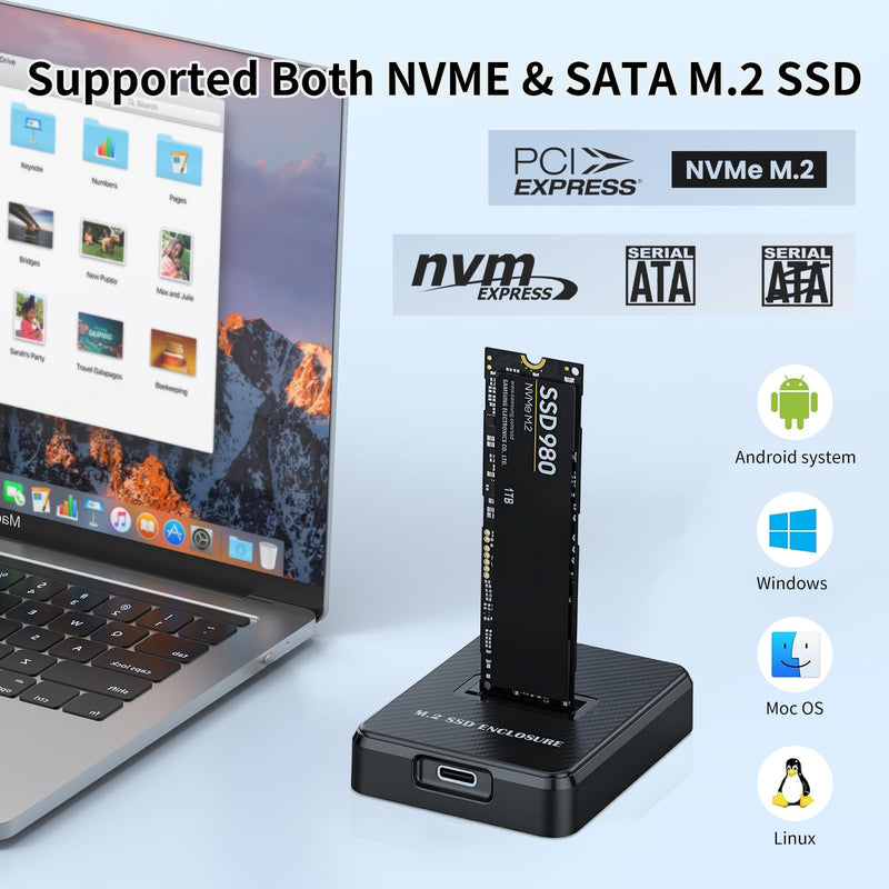 M.2 NVMe & SATA to USB Adapter - USB 3.2 Gen 2 10Gbps External SSD Enclosure, Aluminium Alloy Housing, Supports M.2 (M Key) NVMe & (B+M Key) SATA SSDs, Plug and Play External Storage Solution