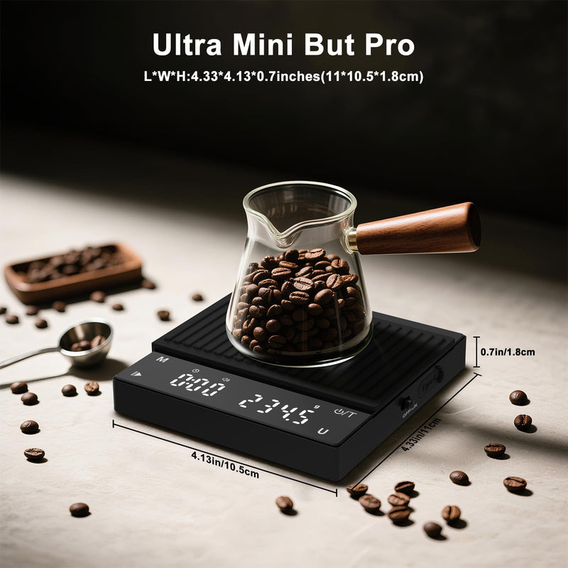 Rechargeable Mini Coffee Scale, Diyife Pour Over Coffee Scale with Timer, 2kg/0.1g Accurate Scale, Auto/Manual Timing, Mini Portable Digital Kitchen Scale for Drip Coffee, Espresso, French Press
