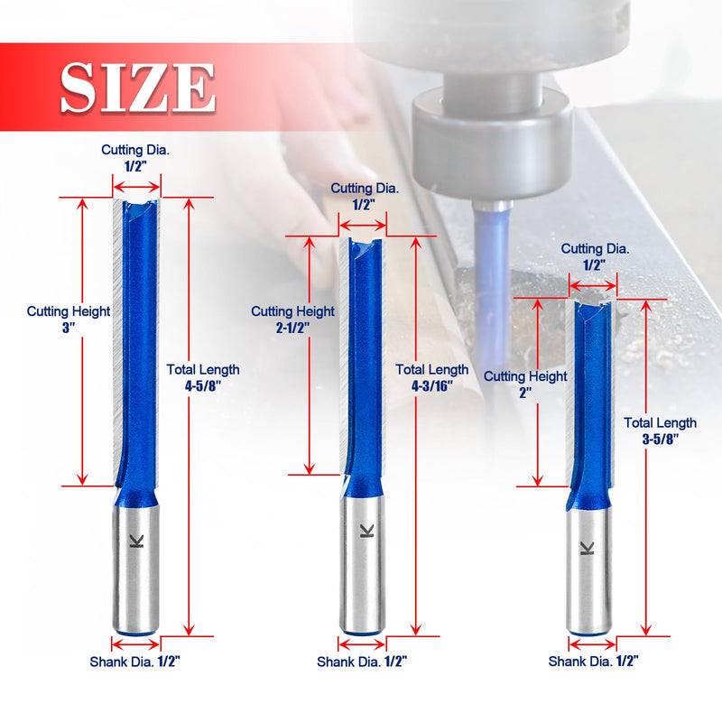 3Pcs Extra Long Straight Router Bit Set 1/2 Shank, Carbide Tipped Double Flute Straight Bit Dado Straight Cut Router Bit for Woodworking, 2",2-1/2",3" Cutting Length,1/2" Cutting Dia. 1/2" Dia. - 2", 2-1/2", 3" Lengths - 1/2" Shank 3 Piece Set