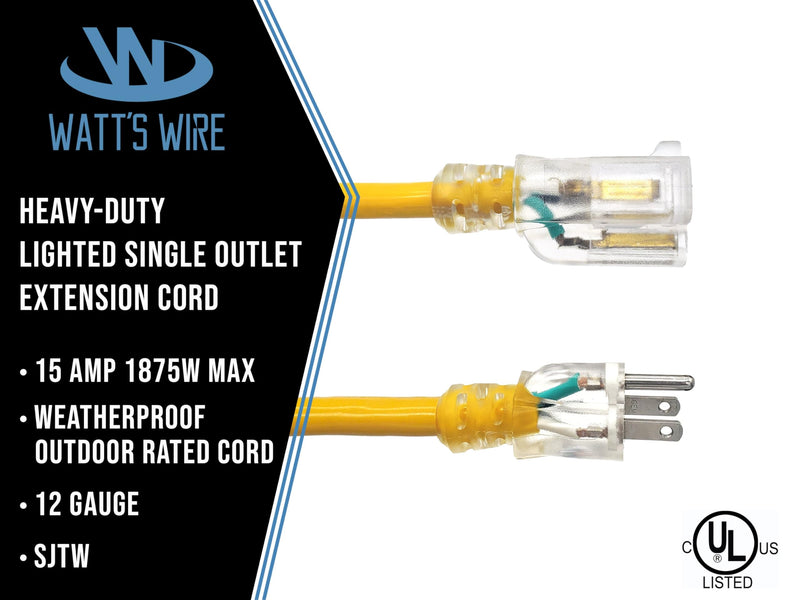 15 ft Outdoor Extension Cord Waterproof - 12 Gauge Heavy Duty Extension Cord 15 ft - Lighted Outdoor Extension Cords - Watts Wire - 15' Grounded - extensiones electricas Yellow