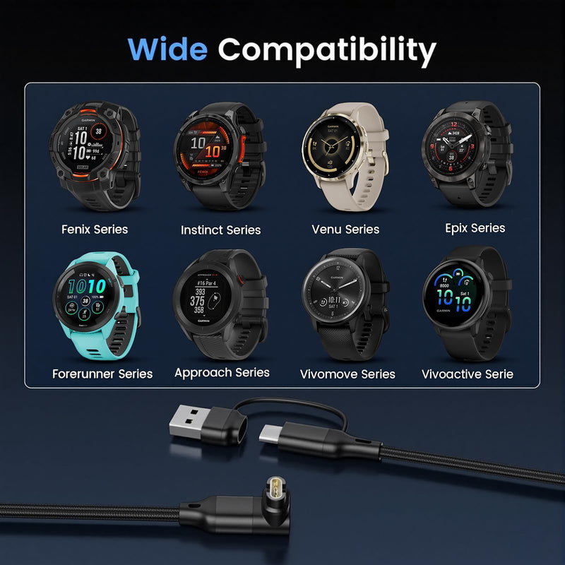 2-in-1 Charger Cable for Garmin Watch,L-Shape USB C Charging Power Cord for Garmin Fenix 8 E 7 7X 7S 6 Solar,Forerunner 970 965 955 945 570 265 255 245 170 165 70 55 45 (Black, 3.3ft 2pack) Black