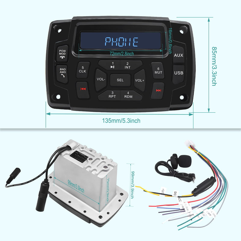 Geloo Marine Radio Receiver Waterproof Boat Stereo Radio System with AUX-in Subwoofer Pre-Amp EQ, AM/FM Radio Receiver Digital Media MP3 Player USB Input for Motorcycle Boat Golf Cart Truck