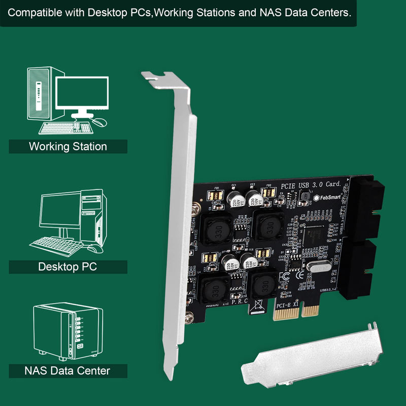 2X 19Pin USB 3.0 Header Ports PCIE USB 3.0 5Gbps Expansion Card for Windows and Linux Desktop PCs, Built in FebSmart Self-Powered Technology, No Need Additional Power Supply (FS-H2-Pro) FS-H2-Pro