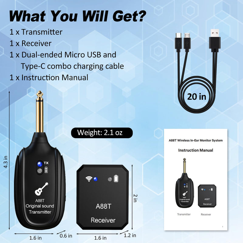 Wireless in Ear Monitor System 2.4GHz Wireless IEM System with Transmitter, Clip on Receiver Auto-Pairing in-Ear Monitoring for Studio, Guitar, DJ, Live Performance (A88T)