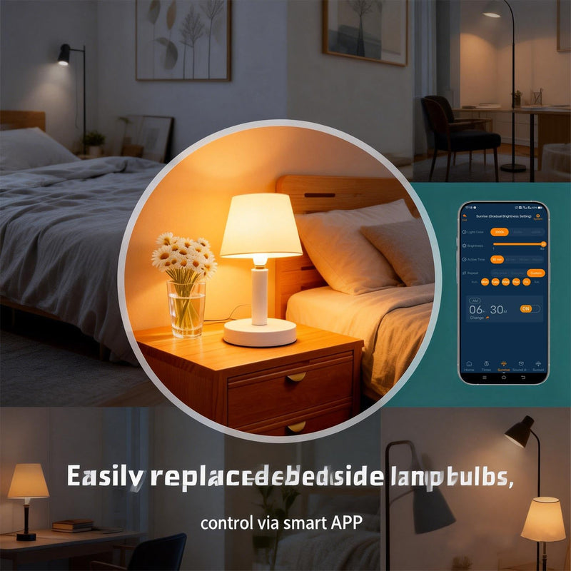 Smart LED Light Alarm Bulb with Sunrise Sunset Simulation | Natural Sounds, 2-in-1 Wake-Up & Sleep Aid, App + Remote Control, 800 Lumens, Bedroom Ambiance
