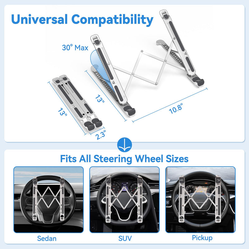 Car Laptop Mount steering Wheel Tray Holder, Height Adjustable Car Desk for Laptop iPad Computer Tablet, Foldable Portable Lap Laptop Stand for Car Vehicle Workstation for Truck SUV Tesla Motorhome Siliver