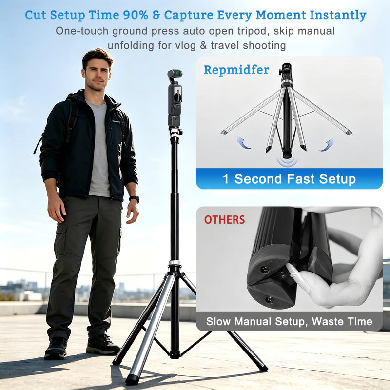 81'' Auto-Open Travel Selfie Stick Tripod for DJI Osmo Pocket 3 4 | Lightweight Extendable Aluminum Tripod Stand for Camera/Smartphone/Ring Light, Portable Tripod for Outdoor Hiking Vlogging
