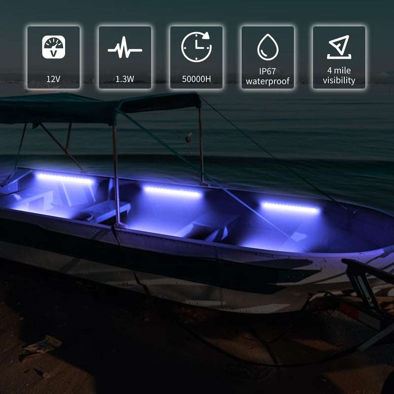 RVZONE LED Boat Interior Lights, Boat Led Strip Lights Marine Waterproof Marine Lighting Strip Night Fishing Lighting for Pontoon, Dinghy, Kayak, Yacht,4 Pcs, Blue Blue/11.8 inch/4 Pcs