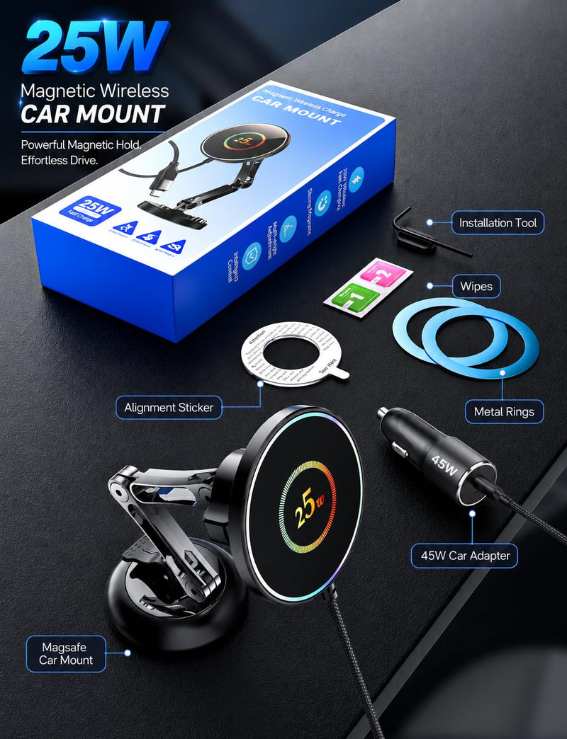 for 25W MagSafe Car Mount Charger, Magnetic Wireless Car Charger with 45W Adapter [120 LBS Strongest Suction] 360°Adjustable Metal Head, Vacuum Suction Cup Phone Mount for iPhone 12-17 Series