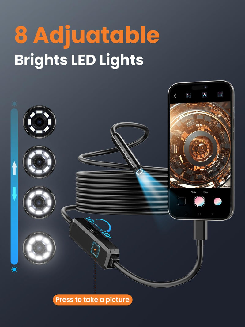 Endoscope Camera with Light, 1920P HD Borescope with 8 LED Lights, 33 FT Semi-Rigid Snake Inspection Camera, IP67 Waterproof Drain Pipe Borescope Mens Tool for iOS and Android