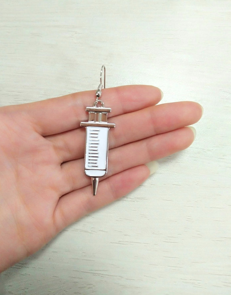 Stethoscope Syringe Dangle Earrings for Doctor Nurse Medical Students Gift Silver