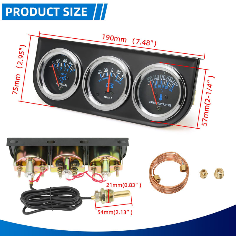 MH 2inch 52mm Triple Gauge Set, Oil Pressure Gauge Water Temp Temperature Ammeter AMP Car Auto 3 Gauges Cluster Set kit