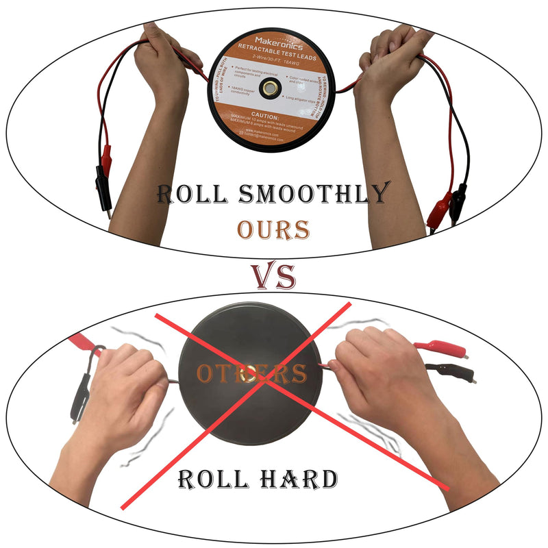 Makeronics 2 Wires 30FT 18AWG Retractable Test Leads with Roll-up Storage Pouch | 15 Pcs 30V Back Probes | 5 Pcs 4mm Banana Plug to Alligator Clip Circuit Test Wires (39.37") | 2 PCS Alligator Clips