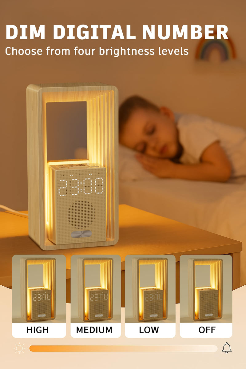 Sunrise Alarm Clock with Wake-Up Light: Dual Alarm White Noise Sound Machine with USB Charger, 9 Sleep Aids, Dimmable Display, Auto Timer, Ideal Night Light for Heavy Sleeper, Kid, Bedroom Wood grain color