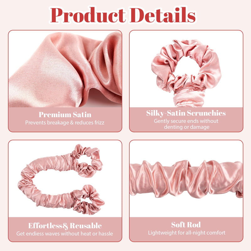 2 Pack 3-in-1 Satin Heatless Hair Curler Scrunchie with Extended Ruching | Heatless Curls Overnight, No Heat Hair Styling Rod with Built-in Hair Tie, Soft Sleep-In Curler for Long Hair, Pink+ Black