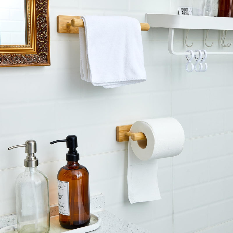 Maxcheck 2 Pcs Bamboo Toilet Paper Holder Wall Mounted Bathroom Towel Holder Wood Towel Rack Toilet Paper Holder and Towel Holder Set Wood Towel Bar Towel Hanger for Kitchen Living Room Bedroom