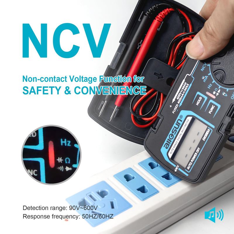 ALLOSUN Digital Multimeter Pocket Size DC AC Voltage Current Tester NCV Ohm Capacitance Frequency Diode and Continuity Test Auto Range (EM3085A (Upgraded)) EM3085