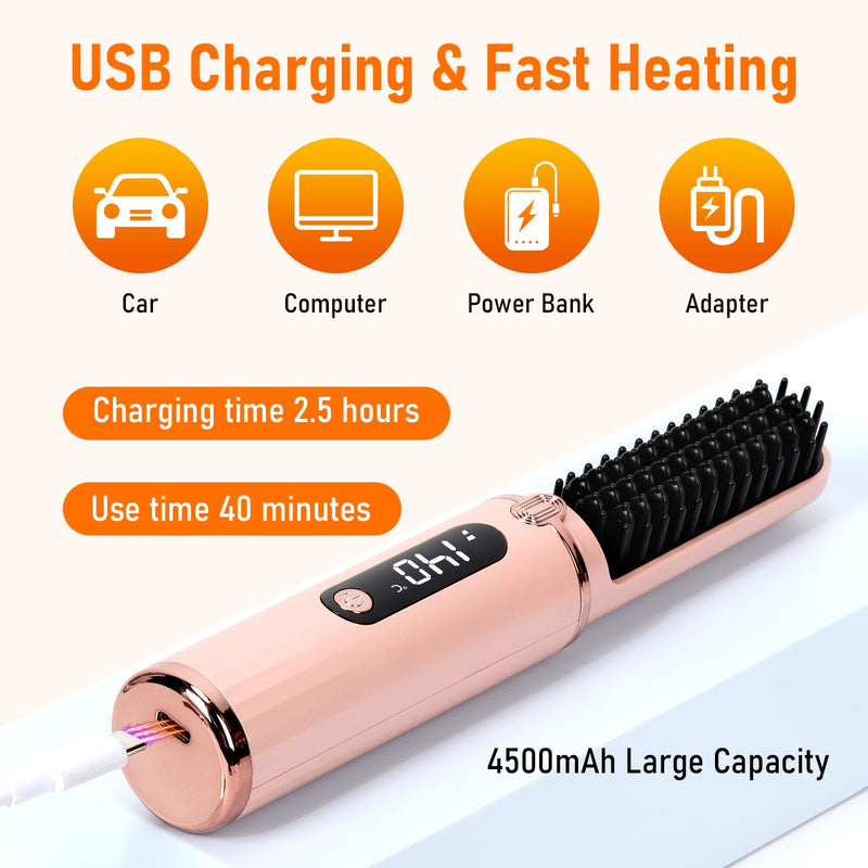Cordless Hair Straightener Brush, Portable Hot Comb Hair Straightener Negative Ion Hair Straighteners Comb for Women 4 Temperature Beard Straightener Brush USB Rechargeable Anti-Scald Auto-Off
