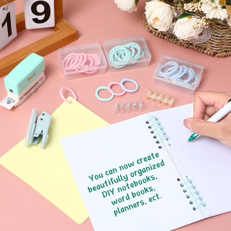 ReliThick 52 Pcs Binding Machine Set Includes 1 Pcs 6 Holes Binder Punch 1 Pcs Single Hole Binder Machine 20 Pcs 5 Ring Plastic Loose Leaf Binder Rings 30 Pcs Small Binder Rings for Home Office
