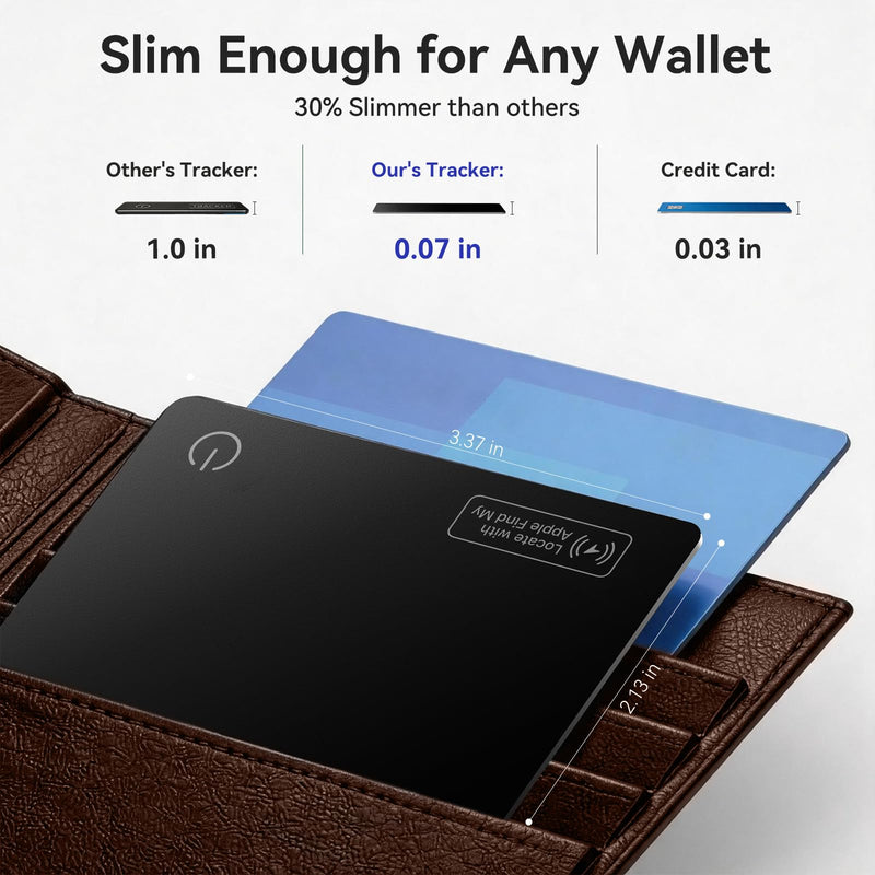 Wallet Tracker Card Compatible with Apple Find My iOS only | 0.07in Slim Wallet Finder, IP68 Waterproof, Tracking Card for Wallet, Luggage Tag, Passport & Purse, Wireless Rechargeable Carbon Black 1