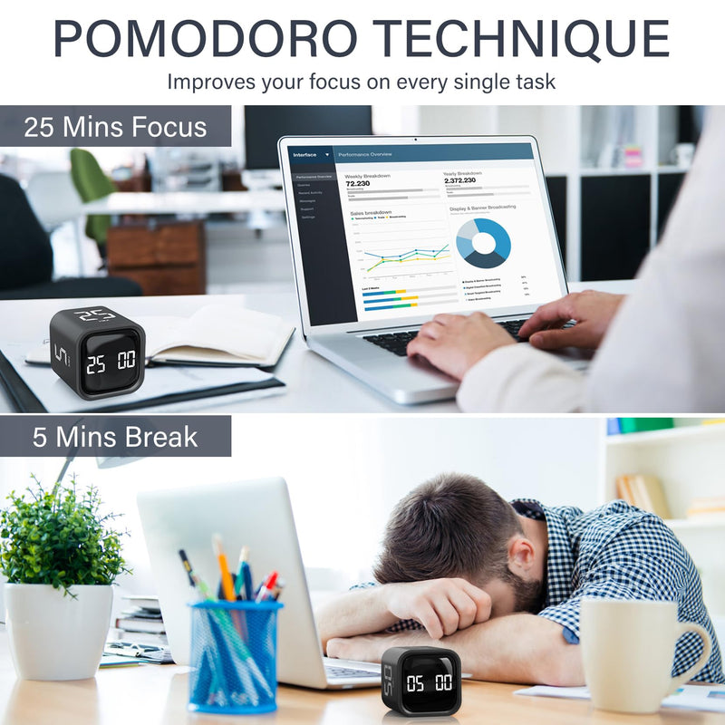 Rotating Pomodoro Timer 5, 25, 10 50 Minutes Preset, Desk Productivity Timer w/Gra vity Sensor, ADHD Tool Cube Countdown, Custom Modes, for Work, Study, Back to School, Kitchen, Black, 2 Pack 2 Pack Black