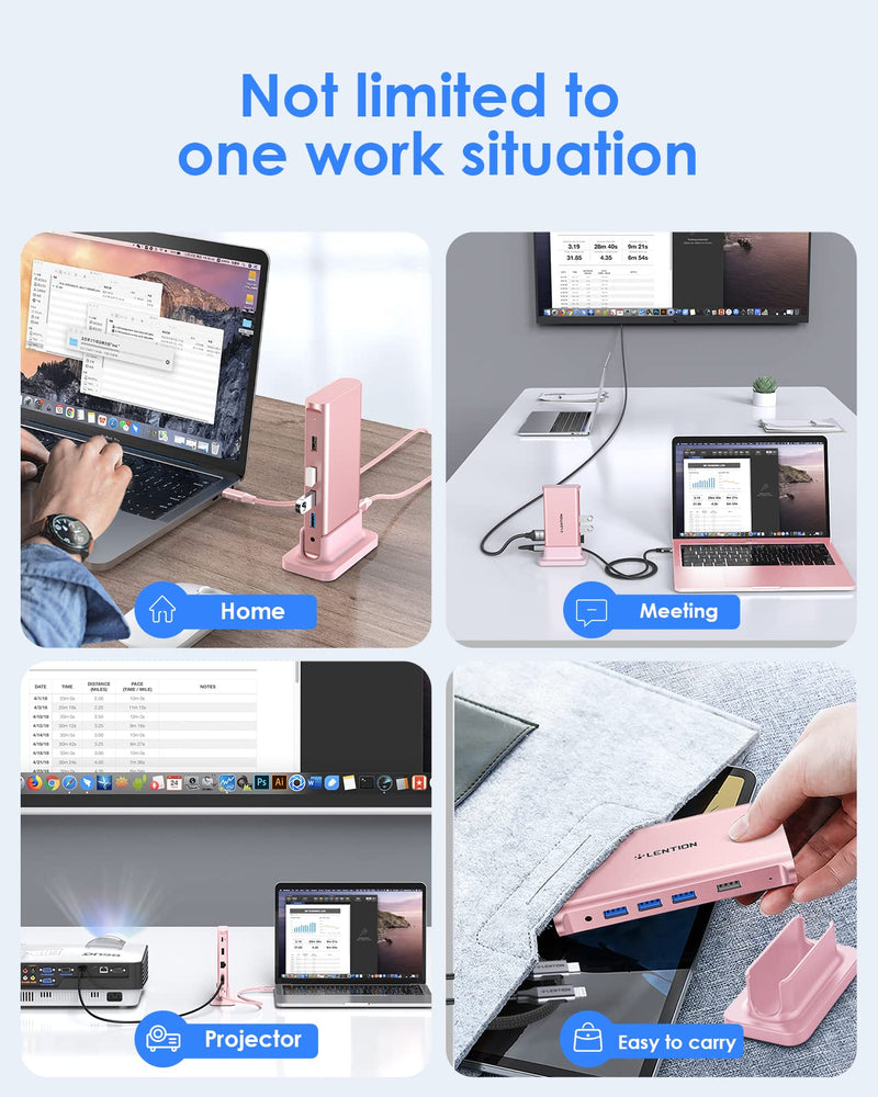 LENTION USB C Docking Staion 4K@60Hz, Ethernet, 5xUSB Ports, 100W PD, Audio | 9 in 1 Dock, 3.3ft Long Cable, Detachable Design, No Driver, Compatible with macOS, Windows & ChromeOS (D53, Rose Gold)