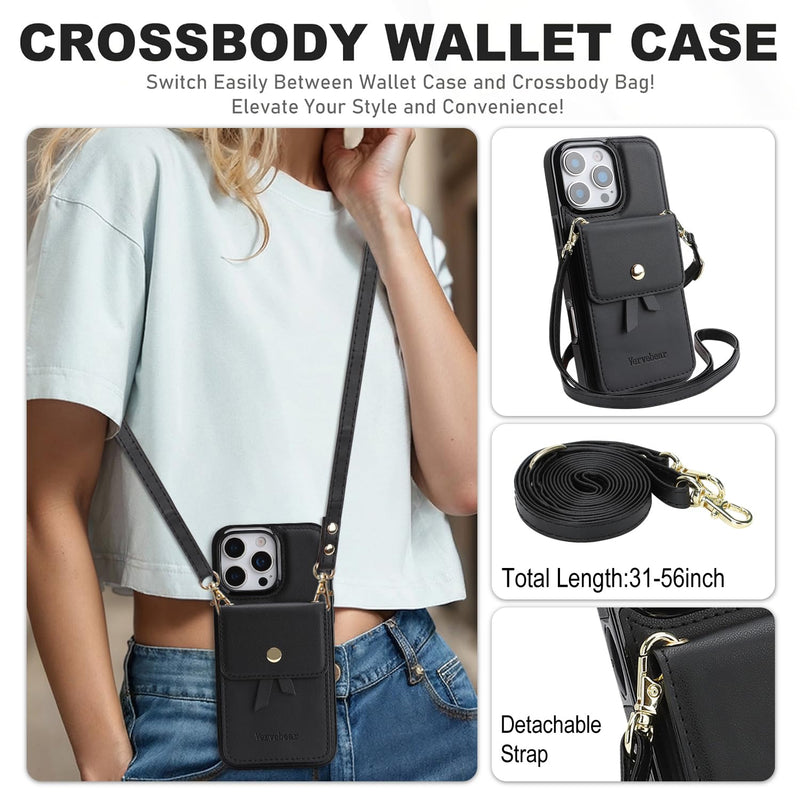 Compatible iPhone 16 Pro Max Wallet Case, RFID Blocking PU Leather Flip Phone Cover with Card Holder Slots, Kickstand, Crossbody Lanyard, Wrist Strap & Wristlet for Women, Black iPhone 16 Pro Max 6.9"
