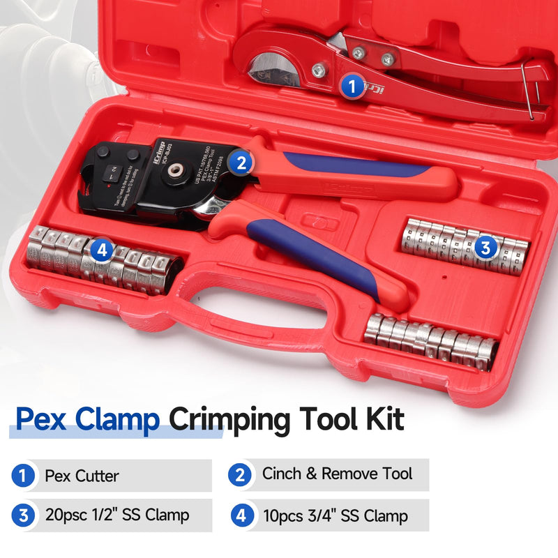 iCrimp One-Hand PEX Pipe Cinch Tool Kit, PEX Crimping Tool with Removing Function for 3/8-1 inch Clamp Rings, with 20PCS 1/2-in, 10PCS 3/4-in PEX Clamps and Pipe Cutter Auto Release Cinch & Remove Kit