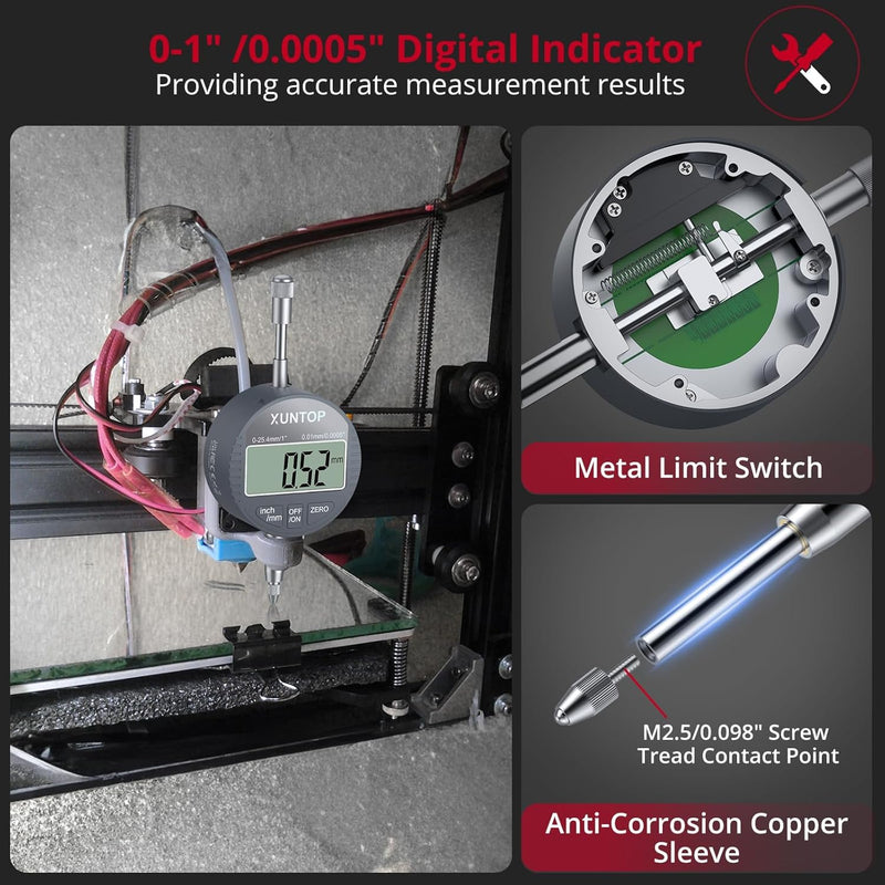 XUNTOP 0-1inch/0.0005inch Dial Digital Indicator and 90lbs (40kg) Magnetic Base Magnetic Electronic Indicator with 3 Adjustable Joints 5/16 inch (8mm) Clamping Diameter for Lathe CNC 3D Printer PRIME-90lbs/40kg Max Pull
