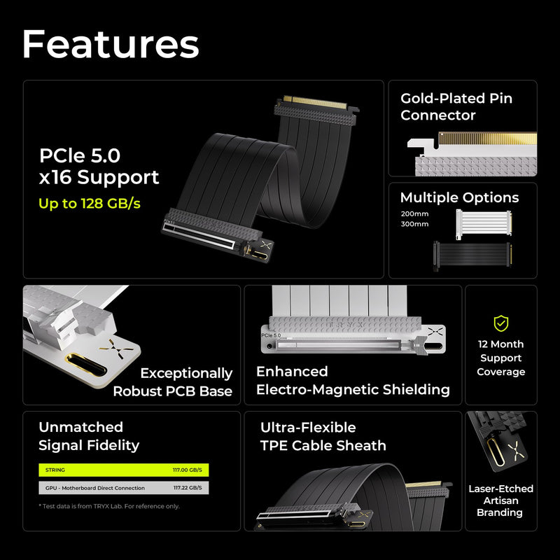 TRYX String PCIE 5.0 x 16 Riser Cable 200mm 128GB/s Vertical Graphic Card/GPU Mount Flexible PCIE 4.0 Support Near-Zero Signal Loss with EMI Shield for RTX 4090/5070/5080/5090RX 9070XT/7900XT Black
