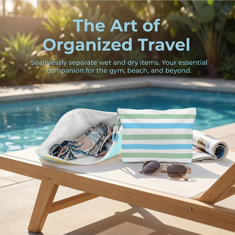 Fokongna Reusable Waterproof Wet Bags 2 Pack, Leak Resistant Dry Wet Separation Organizer for Swim Wear Beach Towels Gym Clothes Travel Essentials Summer Stripe Set 03