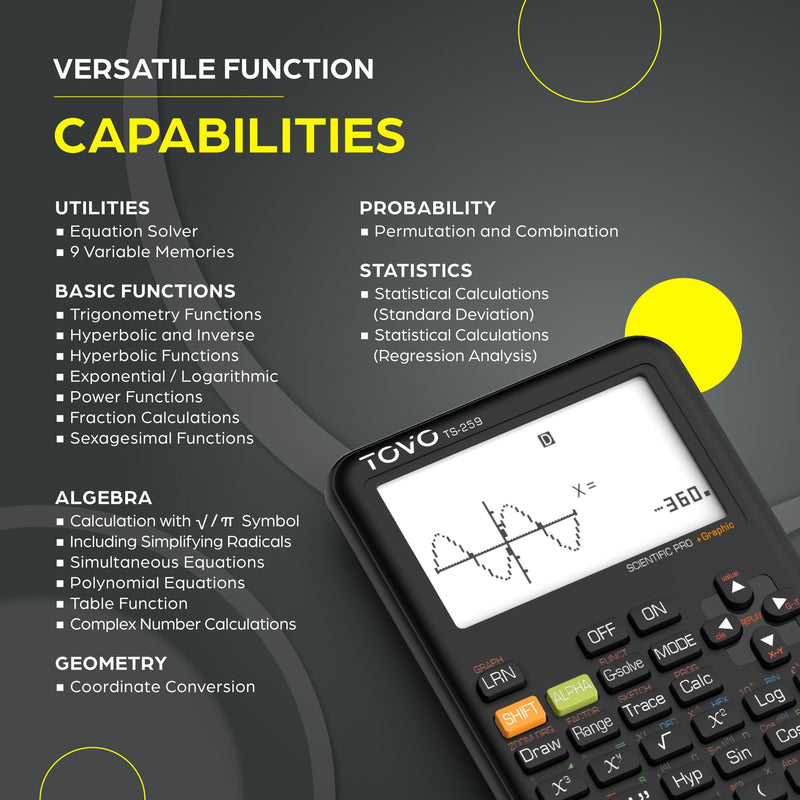 TOVO Scientific Calculator with Graphing Functions, Multiple Modes, 360 Functions, Large Screen, Intuitive Interface for Beginners, High School & Advanced Courses, TS-259 (Developed by CATIGA) Black