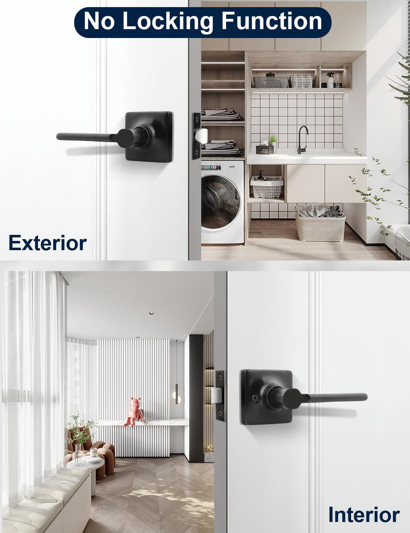 Mengico 1 Pack Passage Door Levers Black Finish, Heavy Duty Interior Door Handles for Closet and Hallway, No-Locking Keyless Square Door Knob, Reversible for Left or Right
