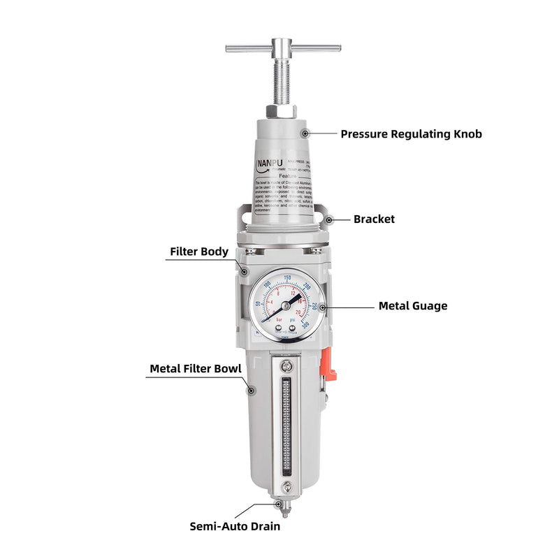 NANPU 3/8" NPT High Pressure Air Filter/Regulator Combo, T-Handle, Semi-Auto Drain, 0-300 Gauge, Metal Bowl (3/8" NPT)