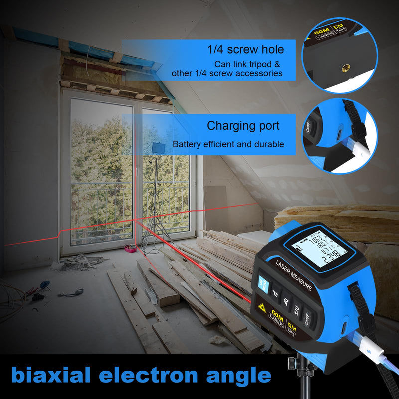 Menider 4-in-1 Laser Measure Tool - Digital LCD & Self-Locking, 196ft/60m Laser & 16ft/5m Tape, Cross Line & Dual-Axis Angle, Rechargeable for Pros