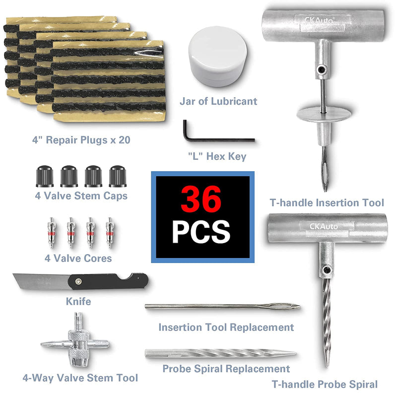CKAuto Universal Tire Repair Kit, Heavy Duty Car Emergency Tool Kit for Flat Tire Puncture Repair, 36 Pcs Value Pack, Tire Plug Kit fit for Autos, Cars, Motorcycles, Trucks, RVs, etc. 1