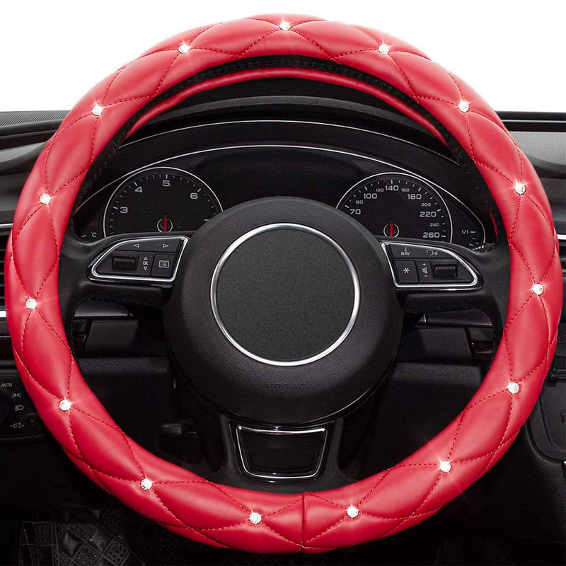  [AUSTRALIA] - Xizopucy Red Steering Wheel Cover, Leather Car Steering Wheel Cover, Crystal Rhinestones Anti-Slip Soft Accessories for Women and Girl Universal Fit 14.5-15 Inch . .Red..