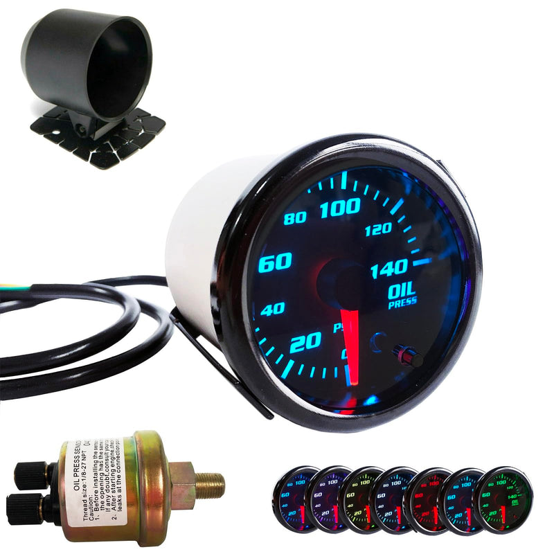 Oil Pressure Gauge 52mm Oil Press Meter with 1/8 NPT Male Thread Sensor,with Cup,2'',7 Colors, 0-140 PSI, Digital LED