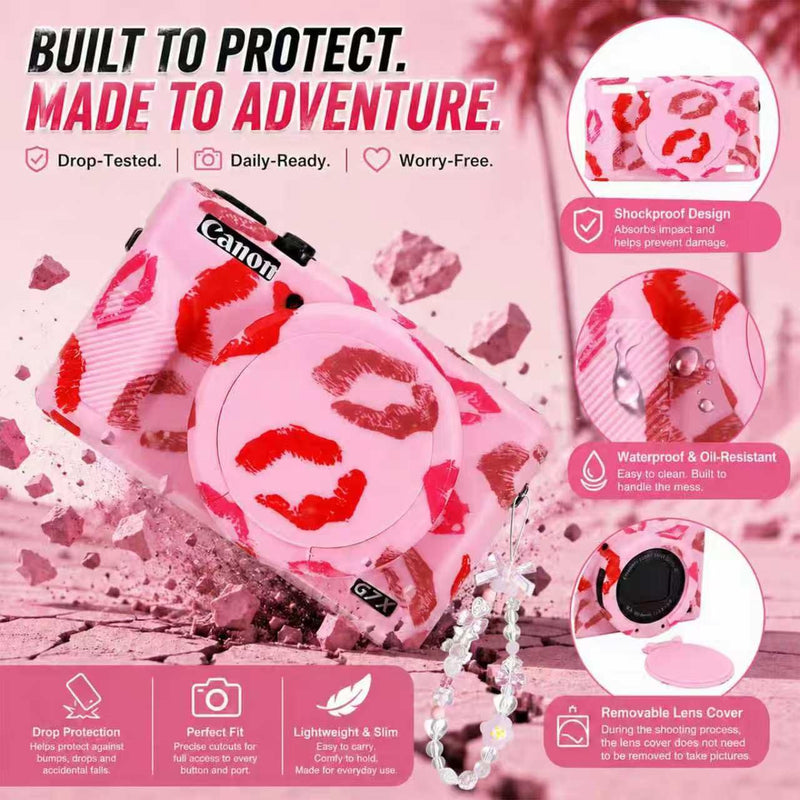 Cute Camera Case for Canon G7X Mark III,Silicone Protective Cover with Removable Lens Cap,Bracelet Wrist Strap & 2 Pack Tempered Glass Screen Protector for Women (Pink Lips) Pink Lips