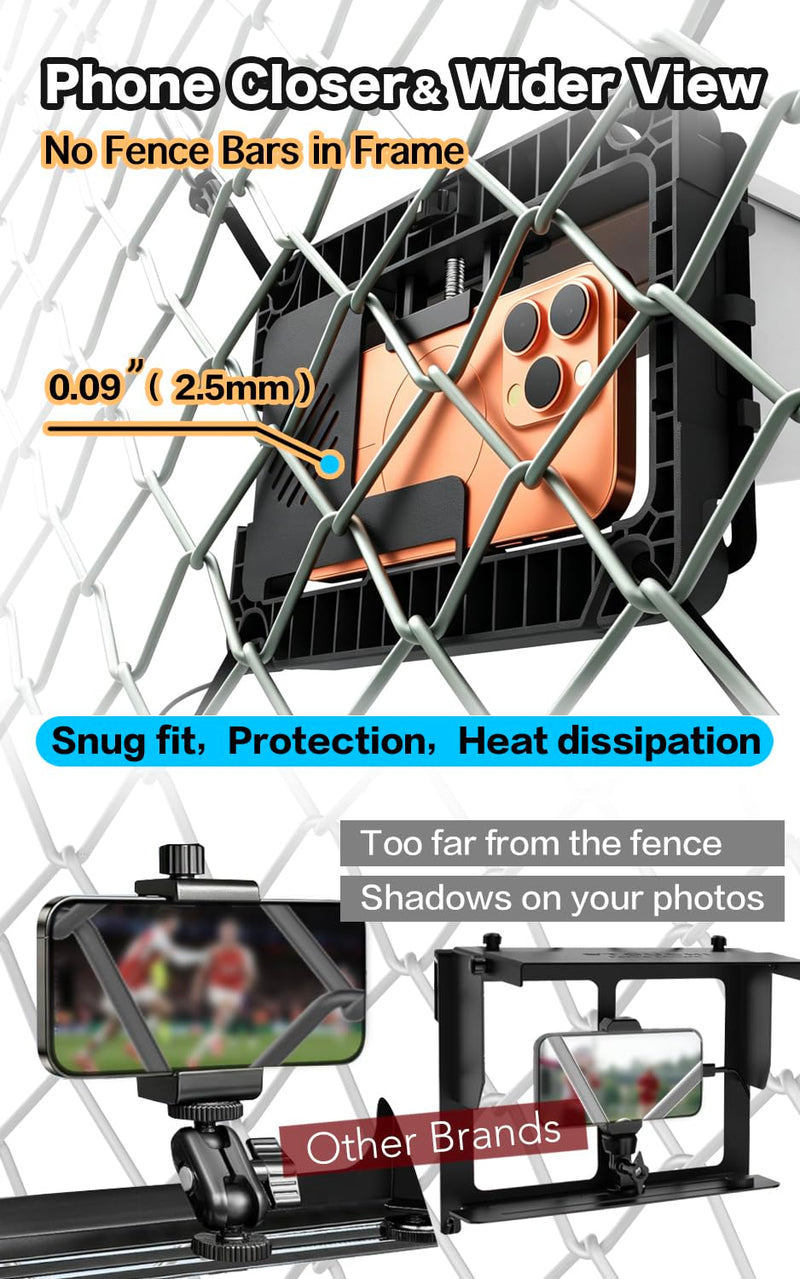 Phone Fence Mount with Sun Shade and Cooling Fan, Gamechanger Mounting Kit for Baseball Softball Tennis - Streaming Kit for iPhone, Clear View No Fence Bars in Frame (White) White