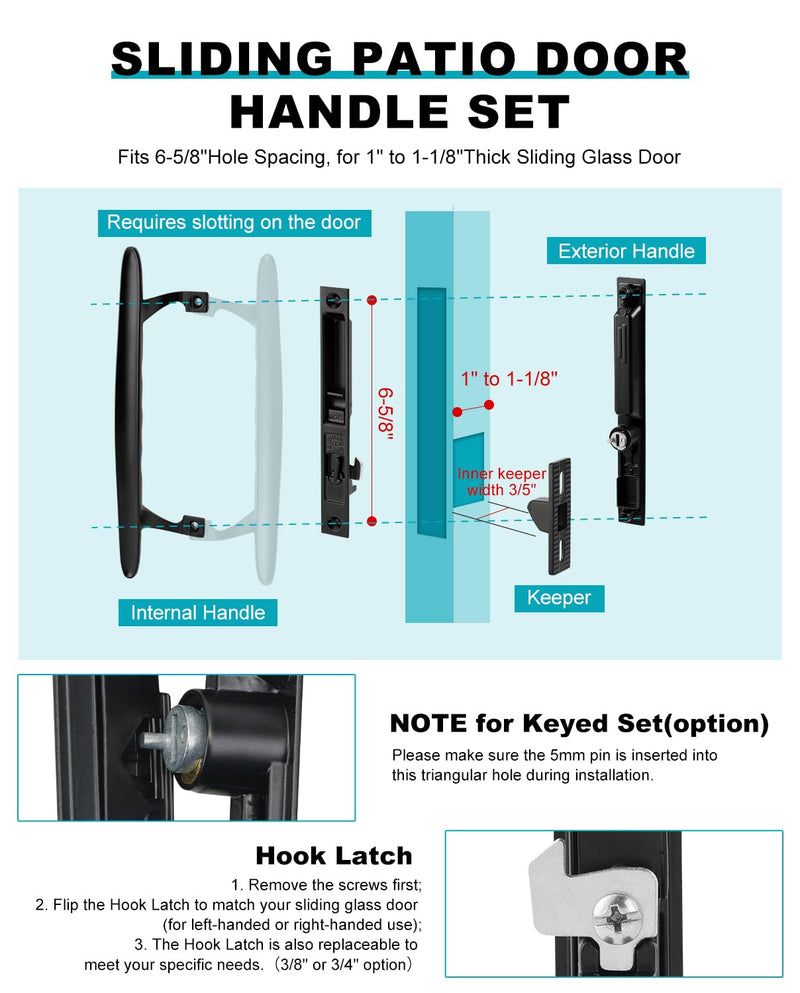Keyed Sliding Patio Door Handle Set, Black Diecast Replacement Handle with Hook Lock, Fits 1" to 1-1/8" Thick Sliding Glass Doors, 6-5/8" Hole Spacing, Non-Handed Reversible Design 6-5/8" H.C Keyed