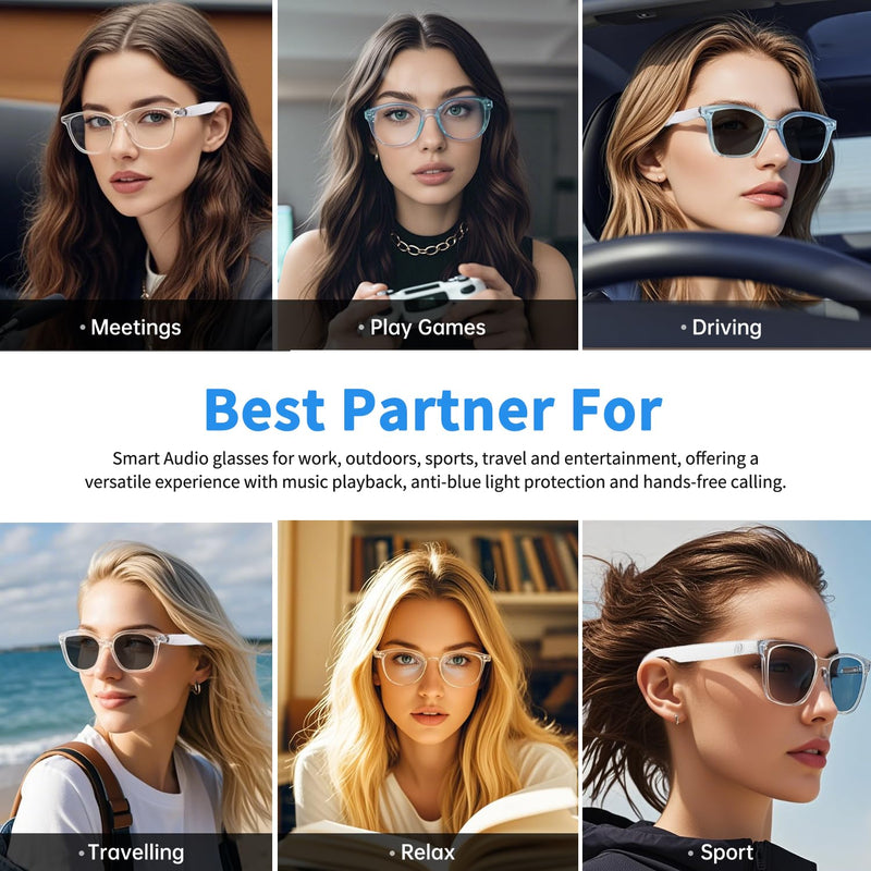 Bluetooth Audio Smart Glasses, Blue Light Glasses for Women Men, Remote Shooting, Open Ear Sound Mic &Speakers, Magnetic Charging, Color-Changing & Polarized Lenses, Voice Assistant (GS07-Clear) GS07-Clear