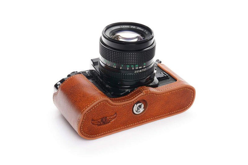 A-1 Case, BolinUS Handmade Genuine Real Leather Half Camera Case Bag Cover for Canon New AE-1 AE-1P A-1 (with Handle) Camera with Hand Strap (LavaBrown) LavaBrown
