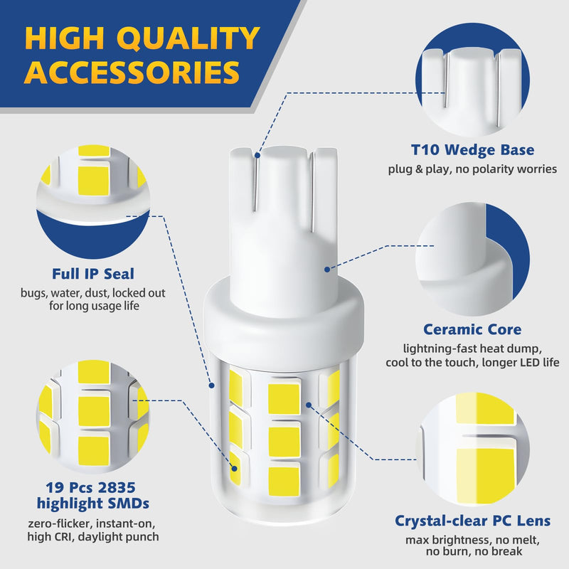 T10 Wedge Base Boat Light LED Bulb 12-24V, 6000K White Marine Navigation Lights Replacement for Anchor Stern Interior All-Round Masthead Trailer Deck Light, Fits Pontoon Boats Sailboat Kayak (4PCS) 4 Pcs