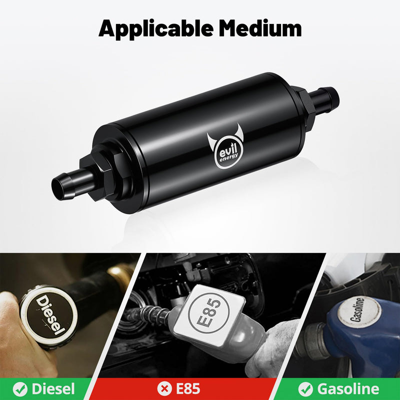 EVIL ENERGY Inline Fuel Filter 10 Micron with Barb 1/2", 3/8", 5/16" Fitting Adapter 50MM Universal Aluminum Black, for Gasoline, Diesel, Rubber Fuel Line, Car EFI & Carb Fuel Systems