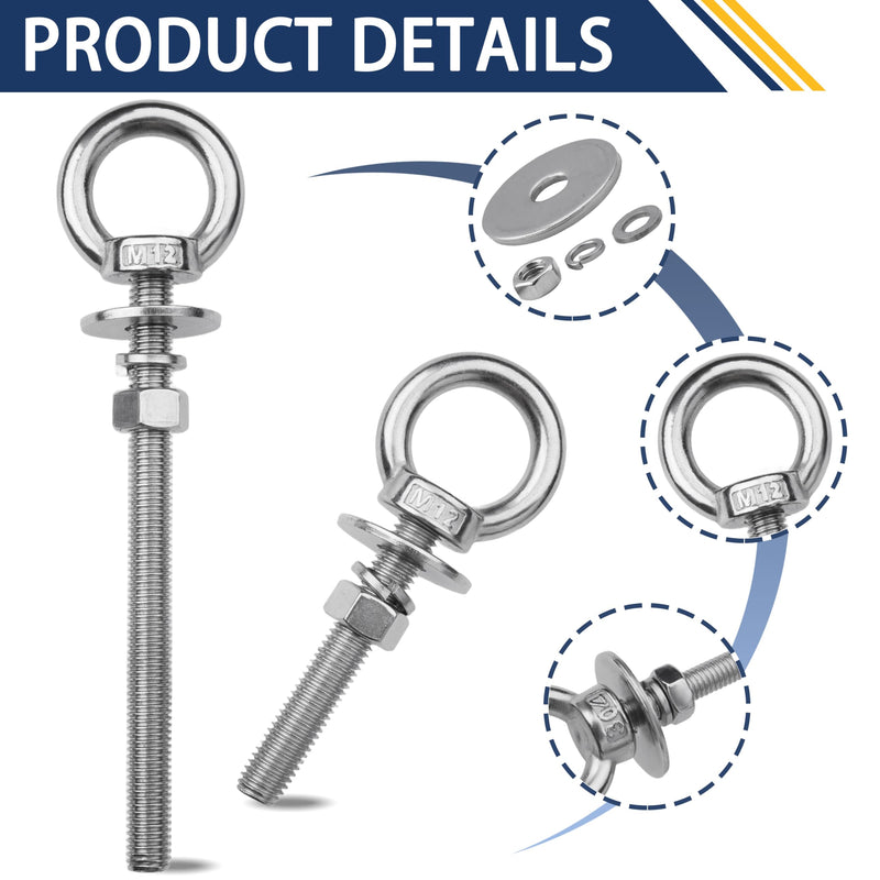 4 Pack M12 Stainless Steel Eye Bolts with Nuts, 1/2" x 6" Long Lifting Ring Eye Bolt， Eye Bolts Heavy Duty for Hang Tie Down Outdoor (4, M12x153mm (1/2"x6")) M12x153mm (1/2"x6") 4