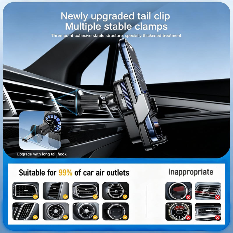 Cooling Charging Car Phone Holder, Smart Car Vent Phone Stand With Induction Auto-Clamping, 15W Wireless Car Charger Mount with RGB Ambient Light, Car Vent Phone Bracket with Cooling Fan for iPhone Black