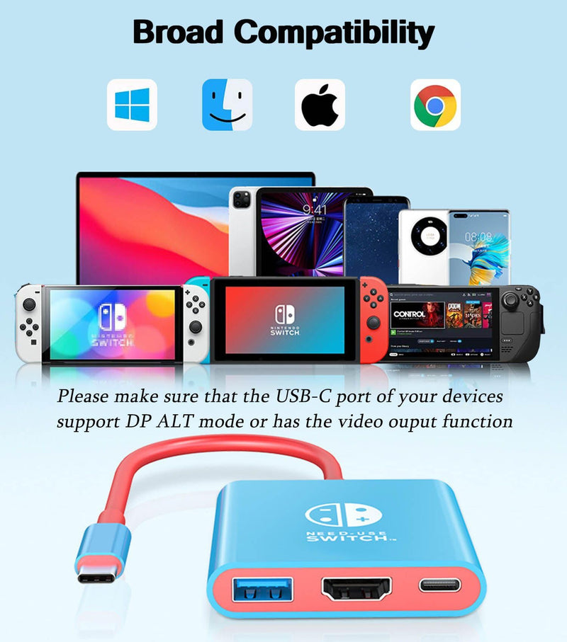 Switch Dock, TV Docking Station for Nintendo Switch/Switch OLED/Steam Deck, 4K@30HZ/1080P@60HZ Portable Switch TV Dock with PD 100W Charging, USB 3.0 Port（3-in-1 Adapter